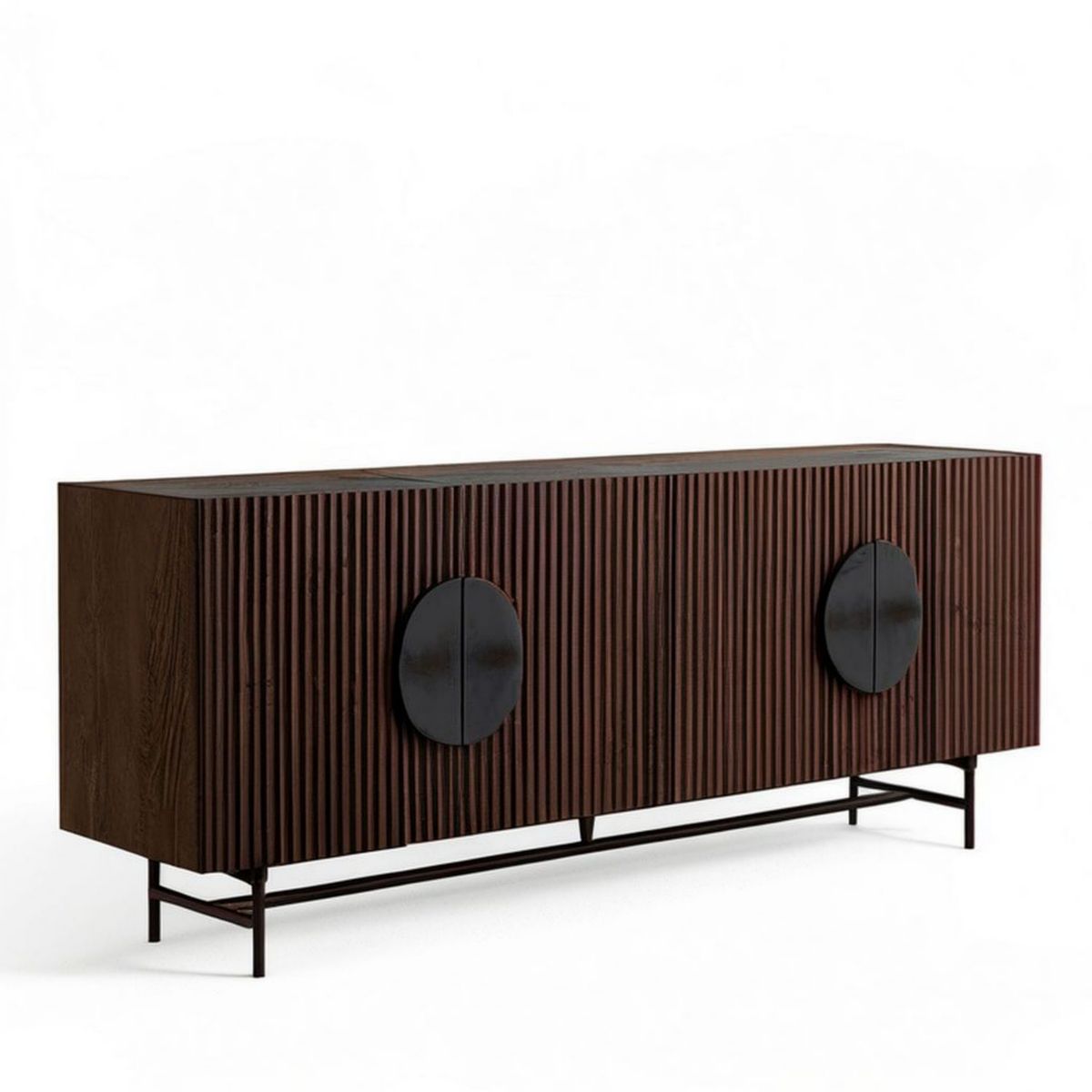 Sideboard mit 4 Türen, 160 x 40 x 80 cm, Dunkelbraun/Schwarz, MDF mit Walnussfurnier und Stahl