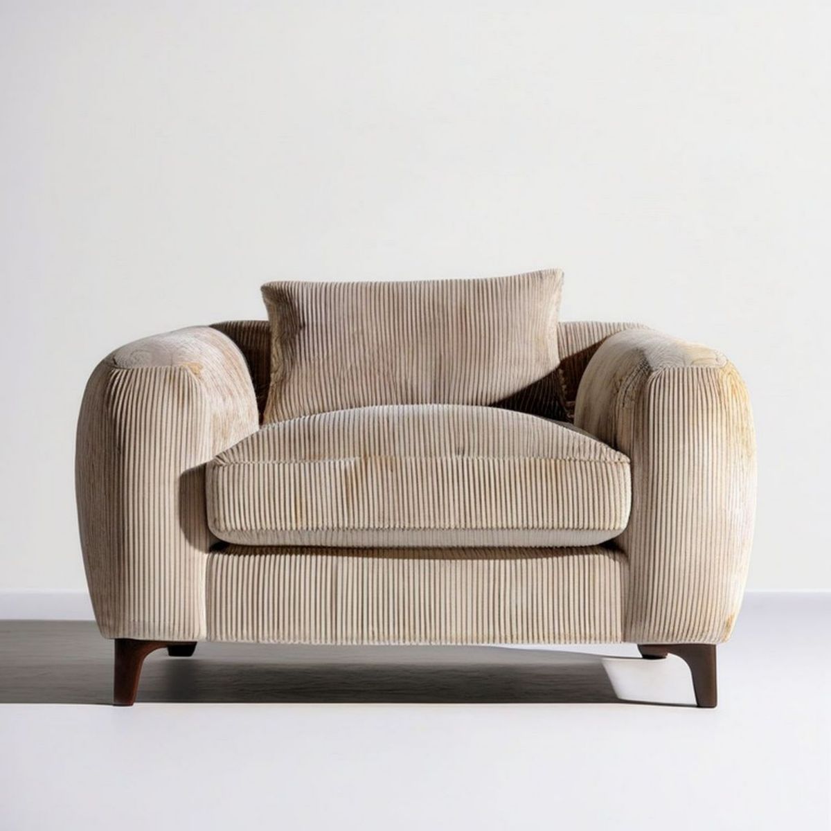 Gerundeter Loungesessel 110 x 95 x 85 cm in Beige mit Cordbezug und Massivholzfüssen