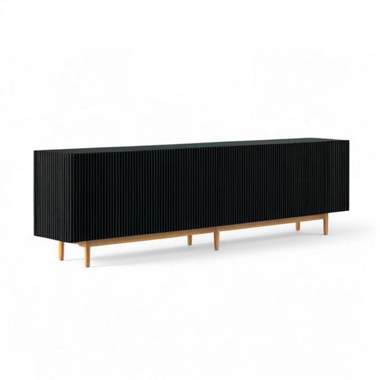 Sideboard mit 4 Türen, geriffelter Front, Schwarz/Natur, 200 x 45 x 75 cm