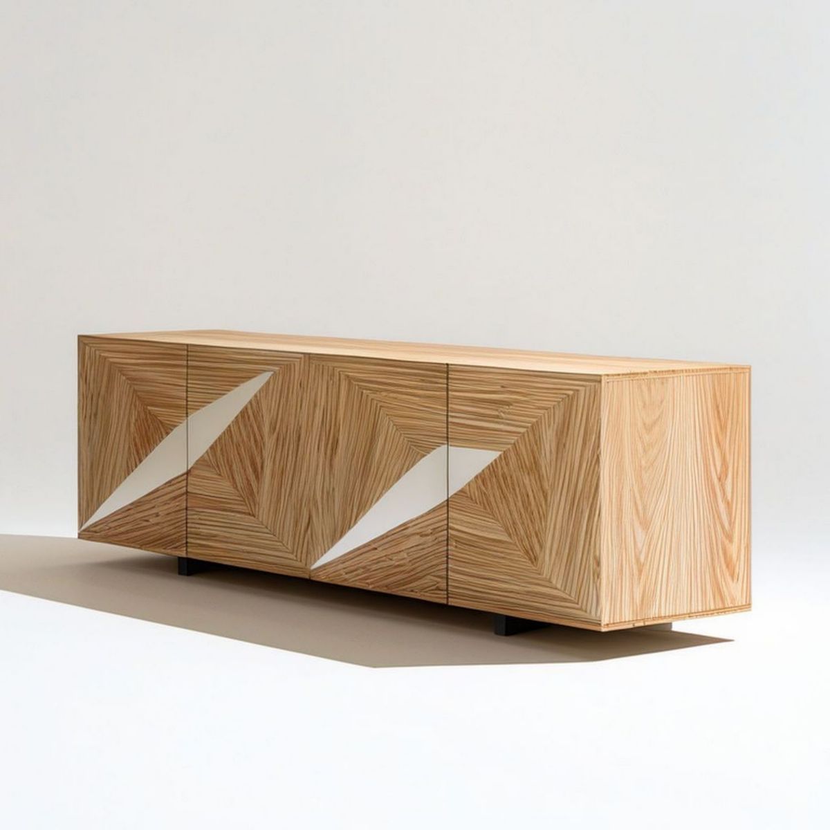 Sideboard aus Eichenfurnier, 180 x 45 x 80 cm, Natur/Weiss/Schwarz, mit 4 grifflosen Türen