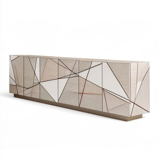 Sideboard 180 x 45 x 75 cm in Beige, Cremeweiss und Bronze mit geometrischer Spiegelglasfront
