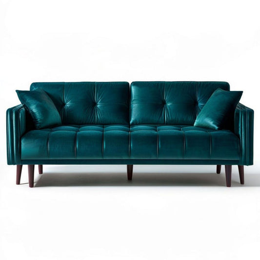 2-Sitzer-Samtsofa in Dunkeltürkis mit dunkelbraunen Massivholzfüssen, 180 x 85 x 85 cm