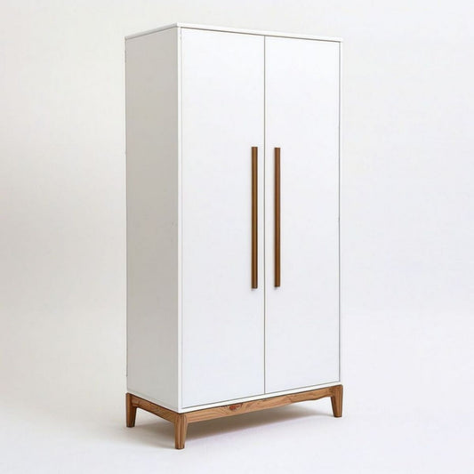 Kleiderschrank mit 2 Türen, 90 x 55 x 180 cm, Weiss/Naturbraun, MDF und Gummibaum-Massivholz