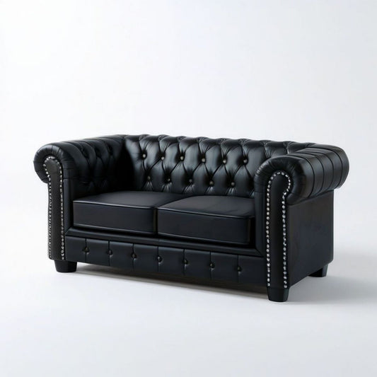 Chesterfield-Zweisitzer aus schwarzem PU-Kunstleder mit silberfarbenen Ziernägeln, 160 x 90 x 75 cm